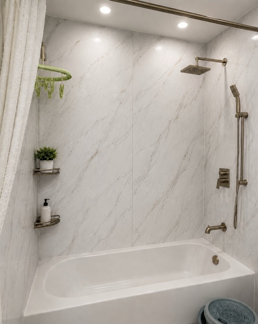 Tub shower after waterproof marble-look wall panels were installed over the old tile by Sani Building Corp