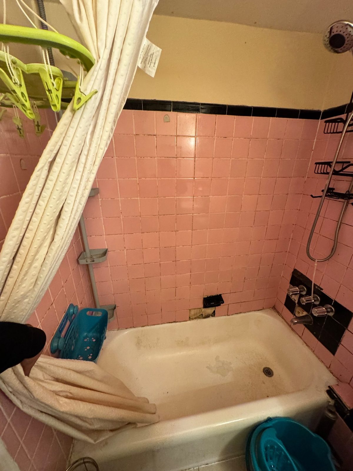 Before — dated tiled bathroom