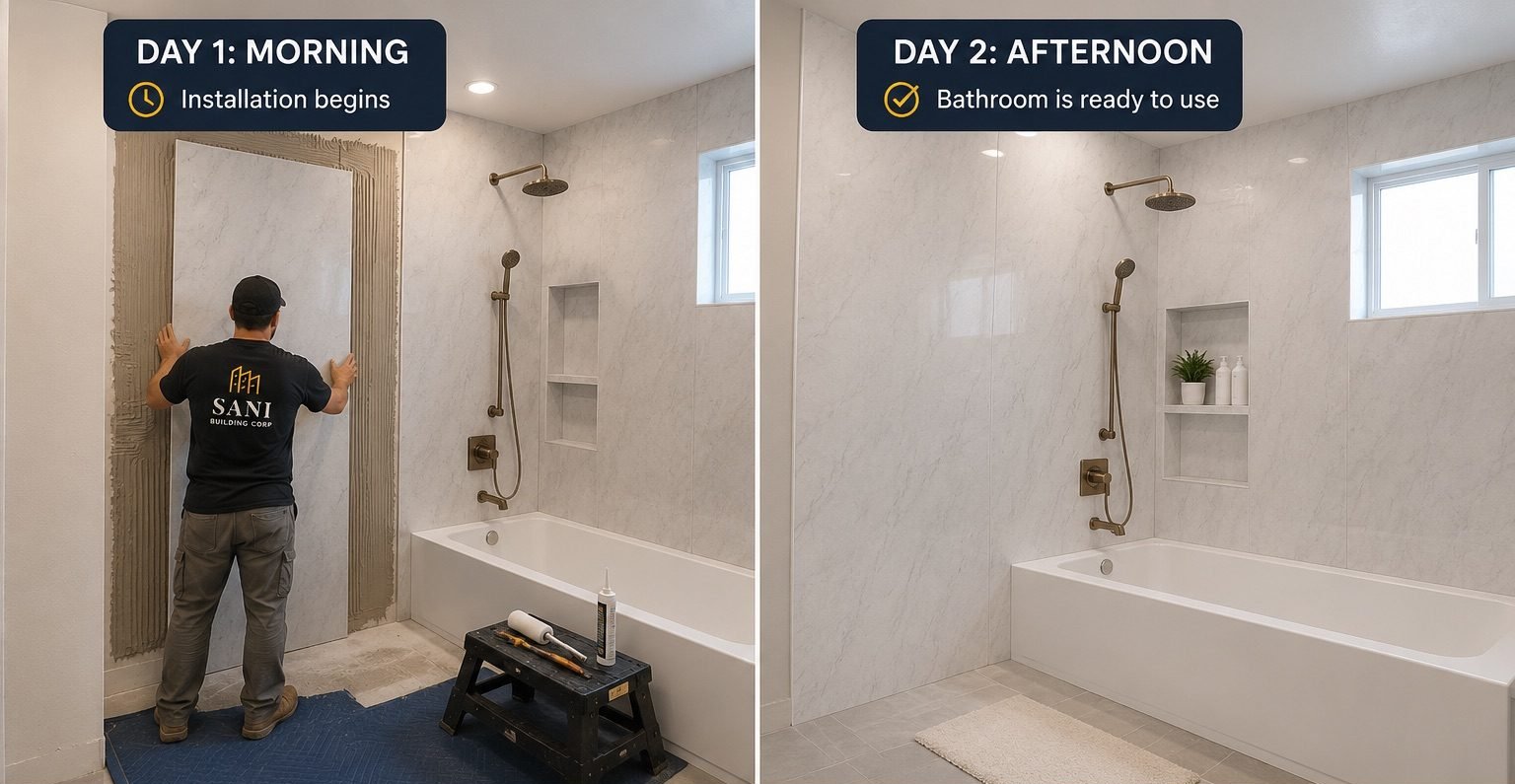 Finished bathroom with marble-look wall panels installed in NYC